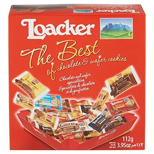 Produktbild: Loacker Best of Moments 112g • Geschenkbox knusprige Waffel- & Schokoladespezialitäten mit Haselnuss-, Schokoladen-, Vanille-, Kokos-Partybox gefüllt mit Loacker Snacks