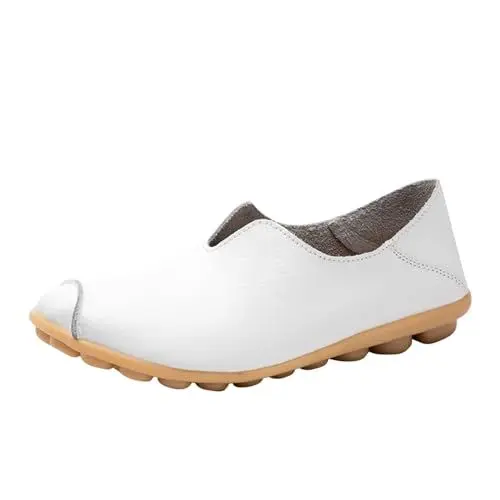 Produktbild: Loafer Damen Mokassins Flache Slipper Bequeme Schuhe Farbe Freizeit Einzelne Damenschuhe Leder Solide Flache Damen und Herren Freizeitschuhe Schlupfschuhe Bequem Bequemschuhe Flats (White, 39)