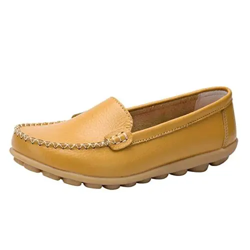 Produktbild: Loafer Damen Mokassins Flache Slipper Mode Frauen atmungsaktive Spitze up Schuhe Wohnung beiläufige Halbschuhe Schlupfschuhe Slip on Bequemschuhe (Yellow, 37)