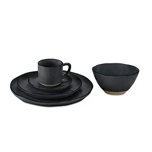 Produktbild: Loberon Geschirr 30er Set Biarré - Handgetöpferte Optik, Steinzeug in Schwarz, Komplettset für 6 Personen, schwarz