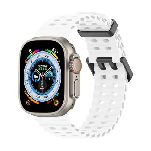 Produktbild: Lobnhot Ocean Armband Kompatibel mit Apple Watch Ultra 2 / Ultra Armband 49mm 45mm 44mm 42mm Herren Damen, Silikon Sports Armband Ersatz für iWatch Ultra 2 Series 9 8 7 6 5 4 3 2 1 SE, Weiß