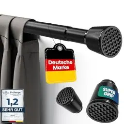 Produktbild: LOBUX® - Gardinenstange ohne bohren (schwarz, 210-300cm) – Teleskopstange Vorhang ausziehbar – Duschstange ohne bohren – Vorhangstange, Duschvorhangstange, Kleiderstange, Klemmstange Katzennetz