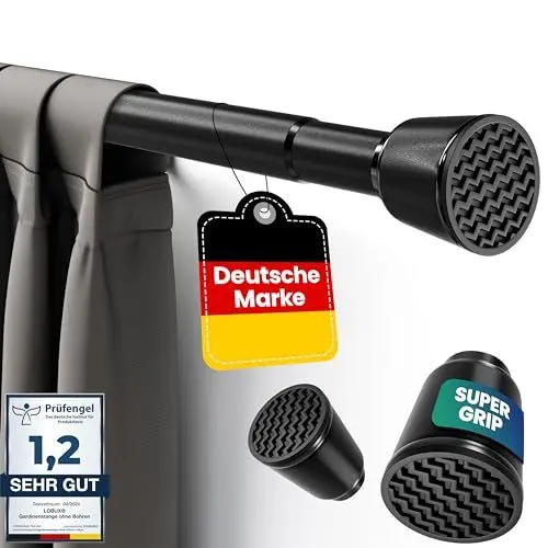 Produktbild: LOBUX® - Gardinenstange ohne bohren (schwarz, 210-300cm) – Teleskopstange Vorhang ausziehbar – Duschstange ohne bohren – Vorhangstange, Duschvorhangstange, Kleiderstange, Klemmstange Katzennetz