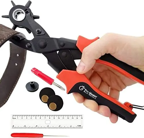Produktbild: Lochzange für Leder, als Gürtellochzange oder für Uhrenarmbänder, Gürtel, Hundehalsband, Sattel, Stoff, DIY und Basteln. Hochwertiger Lochstanzer bzw. Nietenpresse oder Revolverlochzange.
