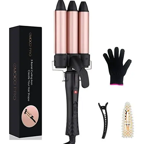 Produktbild: Lockenstab 3 fässer Beach Waves Welleneisen Große Locken Mermaid Wellenstab Welleisen mit Klemme Curling Iron für Kurze Lange Haare Haarpflege Set(25mm, Rosa Schwarz)