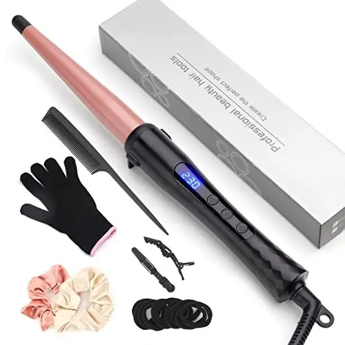 Produktbild: Lockenstab, JAETON 13-25mm kegelförmiger Lockenstäbe mit Keramik-Turmalin-Beschichtung für Natürliche Locken und Beach Waves, LCD-Display 100-230°C, mit Handschuhe