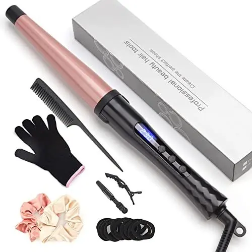 Produktbild: Lockenstab, JAETON 19-32mm Lockenstäbe Keramik kegelförmiger für Natürliche Locken und lose Locken, LCD-Display 100-230°C, mit Handschuhe