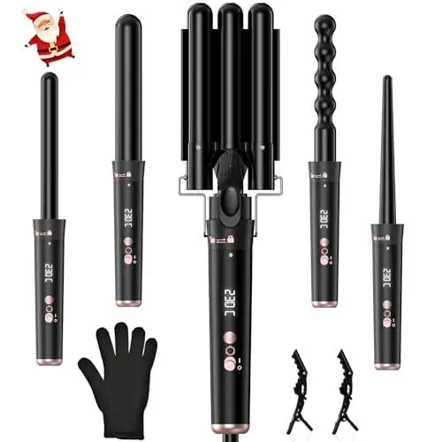 Produktbild: Lockenstab set 5 in 1,GAOEEIN 9-32mm Keramik Lockenwickler mit HD-Display und Einstellbarer Temperatur,Lockenstäbe 3 Fässer für Große und Kleine Locken,PTC Schnellaufheizung,mit Handschuhe und 2 Clips