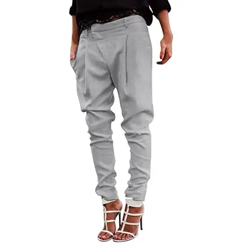 Produktbild: Lockere Hosen Damen XXL Damenhosen Schwarz Gerade Damen Solide Hosentasche Overalls Solide Elastische Taille Wanderhose Reisehose Freizeithose Lockere Hose Damen Schwarz Hose Damen Weit (Grey, M)