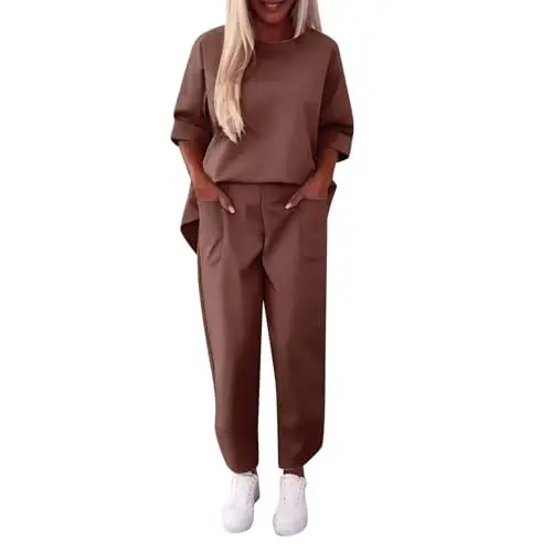 Produktbild: Lockerer Sportanzug für Damen mit Taschen, modischer, lässiger Rundhalsausschnitt, langärmeliges Oberteil + Hosenanzug Damen Gewand (Brown, S)