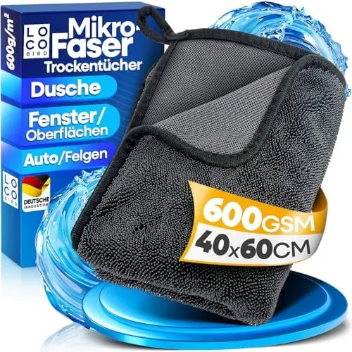 Produktbild: LOCO BIRD saugstarkes Trockentuch Dusche 600GSM - 40x60 cm Fast Dry Microfaser Putztuch für Badezimmer - Microfasertuch in grau - Auto Trockentücher XXL - Mikrofasertücher groß - Simply Shiny Bath