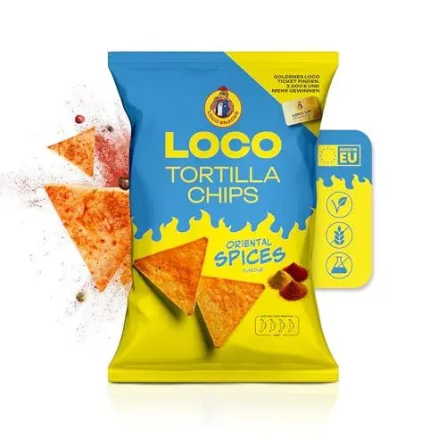 Produktbild: Loco Snacks® Tortilla Chips Oriental Spices Flavour (12 x 100g) von Luciano | Pikante Nachos Chips Grosspackung | In der EU hergestellt | Salzige Snacks Großpackung