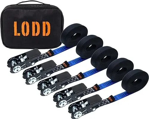 Produktbild: LODD - Set von 5 hochwertigen 6m x 25mm Spanngurt mit Ratsche, Ratschenzurrgurten, mit Tragetasche. Beständigkeit 800kg. Entspricht der EN 12195-2. Ideale Befestigung für Wohnwagen, Anhänger