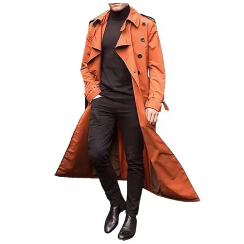 Produktbild: Herren Klassisch Länge Zweireihiges Revers Trenchcoat Casual Slim Fit Ultradünner Windbreaker Stilvoll Outdoor Winddichter Sonnenmantel Orange L