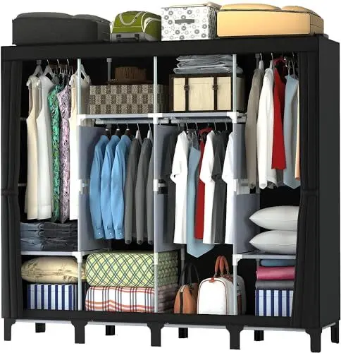 Produktbild: LOEFME Kleiderschrank 170 * 175 * 45cm, Stoffschrank für Schlafzimmer, Kleiderschrank Stoff, Stoffkleiderschrank ​mit 2 Hängenden Schienen und 18 Seitentaschen (Negro)