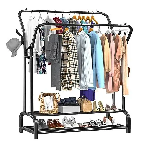 Produktbild: LOEFME Kleiderständer, 110 * 35 * 146cm Kleiderständer Stabil Freistehender Kleiderbügel, Doppelruten Multifunktionale Schlafzimmer Kleiderständer, Minimalismus Kleiderstange Schwarz