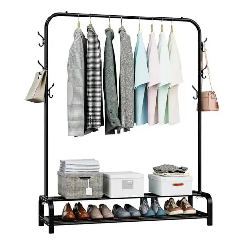 Produktbild: LOEFME Kleiderständer, 110 * 35 * 146cm Kleiderstange für Schlafzimmer, Freistehende Kleiderstange, Minimalistisches Design Kleiderstangen, Tragbare Kleiderstange Schwarz
