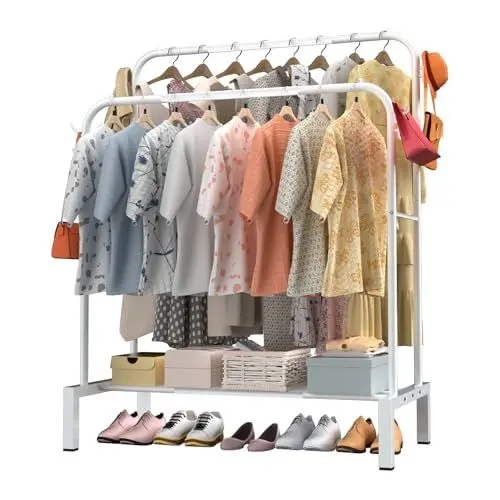 Produktbild: LOEFME Kleiderständer, 110 * 40 * 150cm Großer Raum Kleiderstange, Double-Rail Kleiderständer Stabil, Minimalistisches Design Clothes Rack, Freistehender Kleiderstange für Schlafzimmer, Weiß