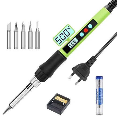 Produktbild: Lötkolben Set, 100W LED Lötkolben mit Einstellbare und Verriegelte Temperaturen 180℃-500℃, mit ON/OFF, 10g Lötdraht, 5 Lötspitzen, Lötkolbenständer, Lötset für Reparatur des Schweißens