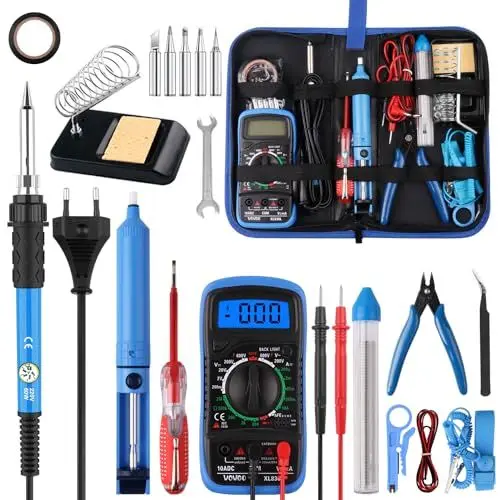 Produktbild: Lötkolben Set 24PCS, 60W Schweißwerkzeuge Elektrisches Lötset mit 5 austauschbaren Spitzen, einstellbarer Temperatur, Digitalmultimeter, Lötkolbenständer, Entlötpumpe, tragbarer Werkzeugtasche