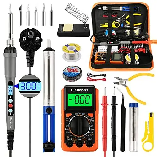 Produktbild: Lötkolben Set, 60W LCD Einstellbare Temperatur 180-500°C Lötkolben, 19PCS mit Digital Multimeter, 6 Spitzen, Lötkolbenständer, Lötzinn, Entlötpumpe, Pinzette, Lötkolben Set für Elektroarbeiten.