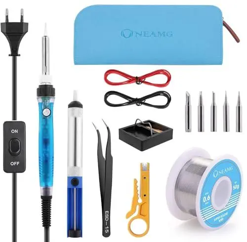 Produktbild: Lötkolben Set, ONEAMG Lötkolben Kit Lötset 60W, Digitale Lötstation Temperatur Regelbar und EIN/AUS-Schalter, Soldering Iron Kit 220V mit 5 Lötspitzen, Entlötpumpe, Lötkolbenständer, Lötzinn,Pinzette