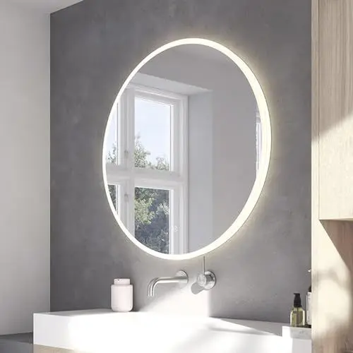Produktbild: Loevschall Atlas Badspiegel mit Beleuchtung, Smart Mirror mit Touch-Schalter, Rundspiegel 80 cm, Badezimmerspiegel mit LED-Front- und Hintergrundbeleuchtung, Helligkeit Dimmbar, Warmweiß 3000K Licht