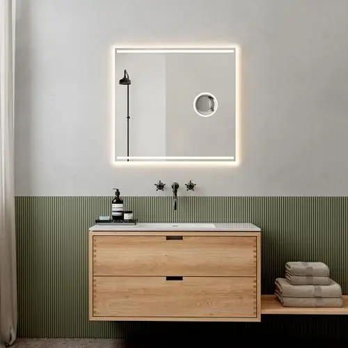 Produktbild: Loevschall Focus Spiegel mit Beleuchtung | LED Spiegel 80x75 cm | Badspiegel mit LED Beleuchtung | Integrierter Schminkspiegel mit Licht | 5X Vergrößerungsspiegel