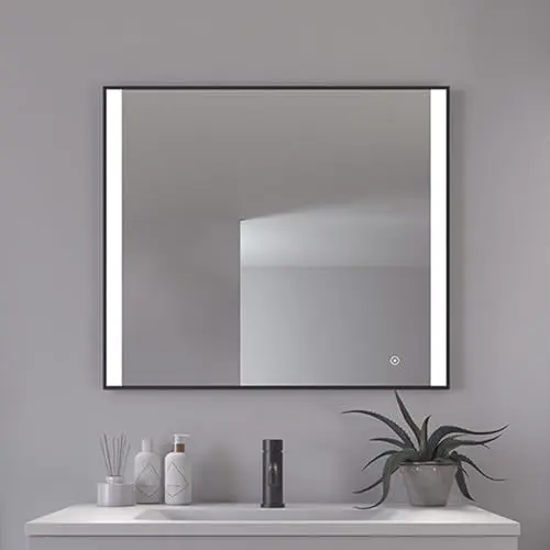 Produktbild: Loevschall Libra Modernes Badspiegel mit Beleuchtung, 80x70 cm, Quadratischer Spiegel, Smart Mirror mit Touch-Schalter, Schwarzer Rahmen, Badezimmer Spiegel mit 5 cm LED Lichtfield, Helligkeit Dimmbar