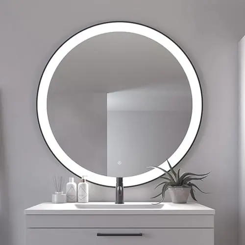 Produktbild: Loevschall Libra Badspiegel mit Beleuchtung, Smart Mirror mit Touch-Schalter, Schwarzer Rahmen, Spiegel Rund 100 cm, Badezimmer Spiegel mit 5 cm LED, Helligkeit Dimmbar, Warmweiß 3000K Licht