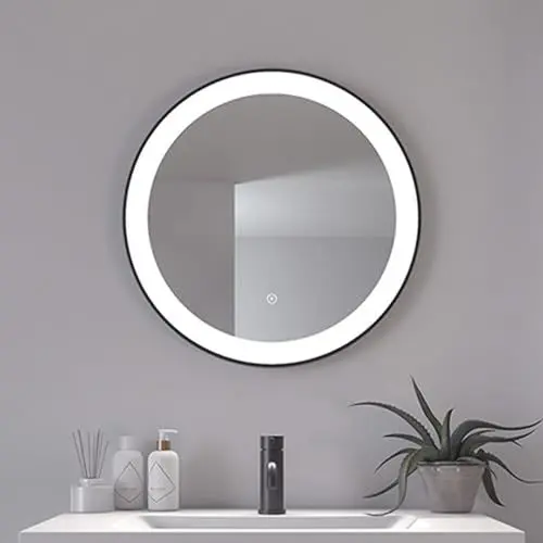 Produktbild: Loevschall Libra Modernes Badspiegel mit Beleuchtung, Spiegel Rund 60 cm, Smart Mirror mit Touch-Schalter, Schwarzer Rahmen, Badezimmer Spiegel mit 5 cm LED Lichtfield, Helligkeit Dimmbar, CRI > 90