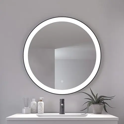 Produktbild: Loevschall Libra Modernes Badspiegel mit Beleuchtung, Spiegel Rund 80 cm, Smart Mirror mit Touch-Schalter, Schwarzer Rahmen, Badezimmer Spiegel mit 5 cm LED Lichtfield, Helligkeit Dimmbar, CRI > 90