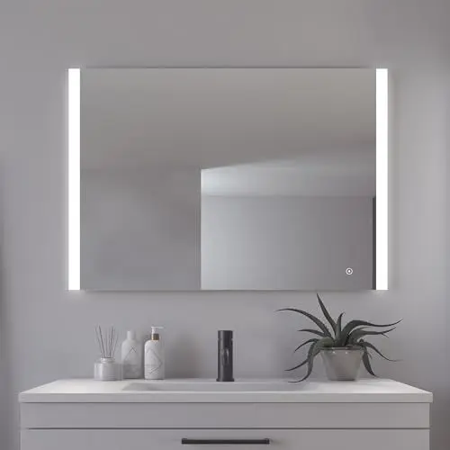 Produktbild: Loevschall Vega Square Spiegel mit Beleuchtung, 100x70 cm, Smart LED Spiegel Dimmbar mit Touch-Funktion, Badezimmerspiegel mit LED-Front- und Hintergrundbeleuchtung, CRI 90 für Natürliche Farben, IP44
