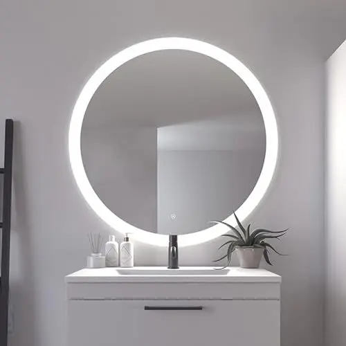 Produktbild: Loevschall Vega Runder Badspiegel mit Beleuchtung, 100 cm, Smart LED Spiegel Dimmbar mit Touch-Funktion, Badezimmerspiegel mit LED-Front- und Hintergrundbeleuchtung, CRI 90 für Natürliche Farben, IP44