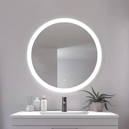 Produktbild: Loevschall Vega Runder Badspiegel mit Beleuchtung, 60 cm, Smart LED Spiegel Dimmbar mit Touch-Funktion, Badezimmerspiegel mit LED-Front- und Hintergrundbeleuchtung, CRI 90 für Natürliche Farben, IP44