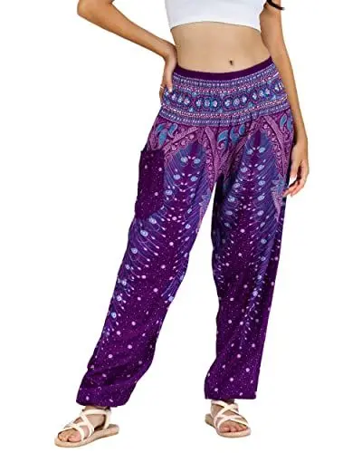 Produktbild: Lofbaz Damen Haremshose Yogahose Pumphose Hippie Hose Boho Kleidung Festival Outfit Sommerhose Leicht Sommer Hosen - Peacock 1 Violett B L