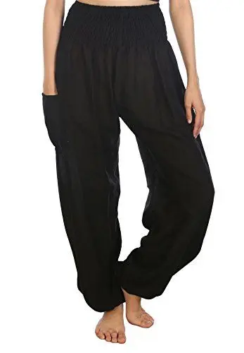 Produktbild: Lofbaz Damen Haremshose Yogahose Pumphose Hippie Hose Boho Kleidung Festival Outfit Sommerhose Leicht Sommer Hosen - Solid 1 Schwarz S