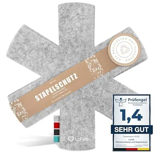 Produktbild: LoFelt® Pfannenschoner & Stapelschutz für Pfannen, Töpfe, Schüsseln und noch mehr Küchenutensilien - 5 Stück in L Ø 32cm - Pfannenschutz Topfschutz aus Filz in Hellgrau - Sternform