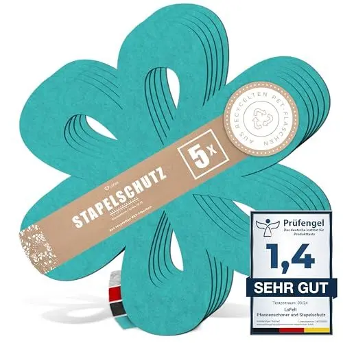 Produktbild: LoFelt® Pfannenschoner & Stapelschutz für Pfannen, Töpfe, Schüsseln und noch mehr Küchenutensilien - 5 Stück in L Ø 32cm - Pfannenschutz Topfschutz aus Filz in Türkis - Blumenform