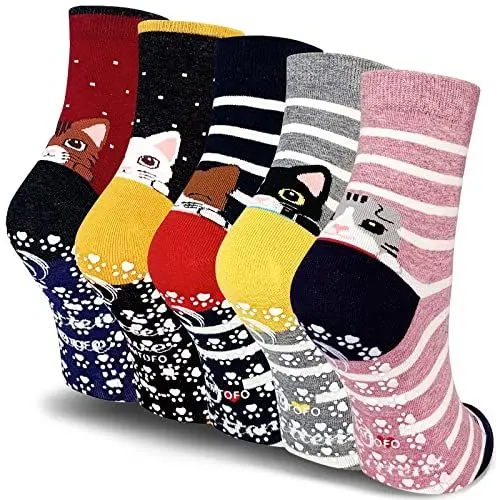 Produktbild: LOFIR Rutschfeste Socken Damen: Lustige Bunte ABS Stoppersocken Damen Antirutschsocken aus Baumwolle Tier Muster Niedlich Katze Socken Neuheit Socken Geschenk für Mädchen Damen, Größe 35-41, 5 Paare.