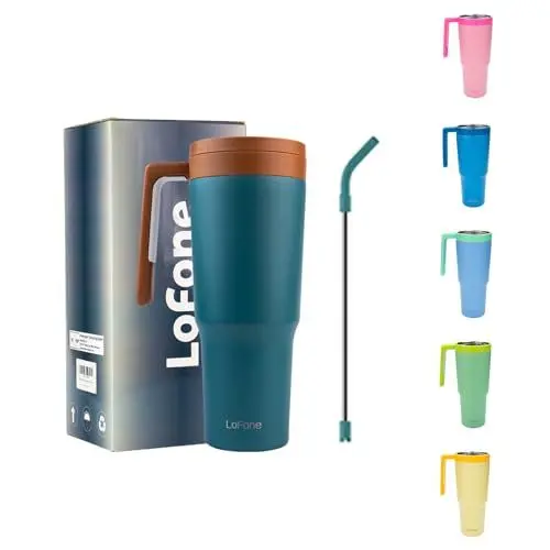 Produktbild: LoFone 1180 ML - 40 OZ Thermobecher aus Edelstahl，Kaffeebecher to Go, Trinkbecher mit Strohhalm, Henkel und Deckel, für Auto Büro heißen und kalten Kaffee Wasser und Tee(Dunkelgrün)