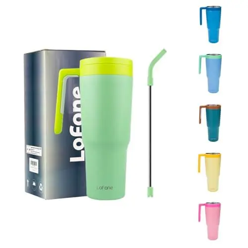 Produktbild: LoFone 1180 ML - 40 OZ Thermobecher aus Edelstahl，Kaffeebecher to Go, Trinkbecher mit Strohhalm, Henkel und Deckel, für Auto Büro heißen und kalten Kaffee Wasser und Tee(Grüner)