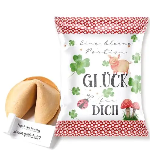Produktbild: Glücksbringer Glückskekse, 10 Stück: Glückskeks-Tüten, Prüfung, Abitur & Führerscheinprüfung, Für Silvester & Neujahr, Prüfungsglücksbringer Abi, Kleeblatt & Glücksschwein, Viel Glück, 7 x 10 cm