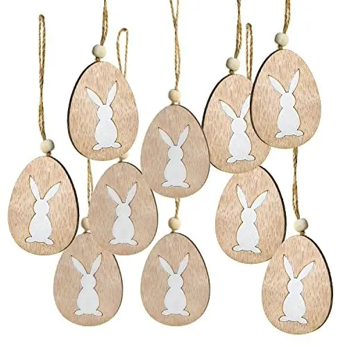 Produktbild: Logbuch-Verlag 10 Ostereier zum Aufhängen Holz Deko Ostern mit Osterhase Natur weiß - Osterdeko Hängedeko Osterstrauch 7 cm