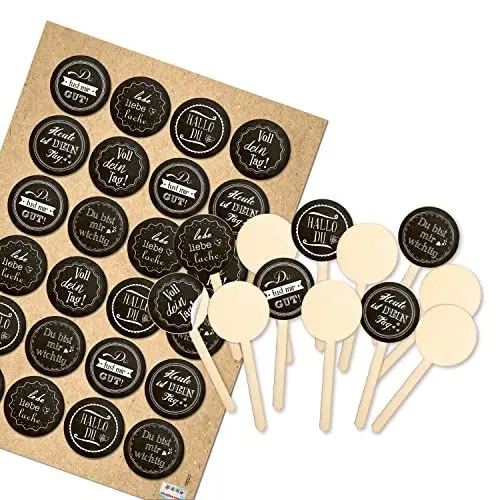 Produktbild: Logbuch-Verlag 12 Cake Topper aus Holz mit Sprüche Aufklebern schwarz weiß - Muffin Cupcake Stecker 9 cm Ø 4 cm