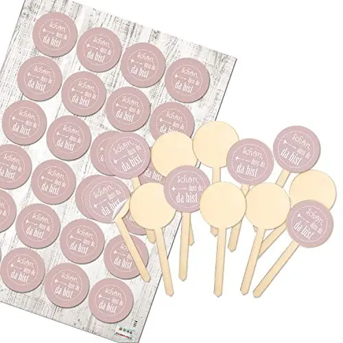 Produktbild: Logbuch-Verlag 12 Cake Topper aus Holz mit Sticker SCHÖN DASS DU DA BIST rosa - Topfstecker Muffin Stecker Gastgeschenk Hochzeit 9 cm Ø 4 cm