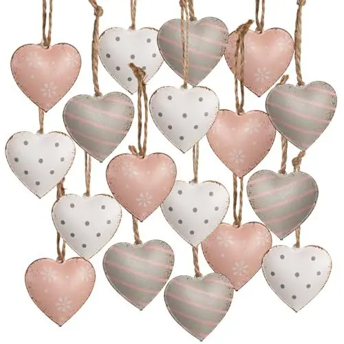 Produktbild: Logbuch-Verlag 18 kleine Herzanhänger mit Schnur aus Metall Osteranhänger rosa weiß grau Herz Anhänger Ostern Hochzeit Geschenk 4 cm