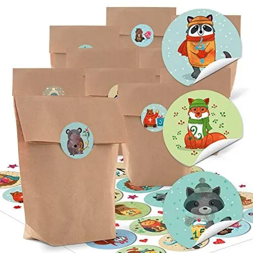 Produktbild: Logbuch-Verlag 24 Adventskalender Tüten zum Befüllen Kinder Tiere Kraftpapier Beutel MIT 1-24 Zahlen Sticker Aufkleber Basteln 14 x 22 x 5,6 cm