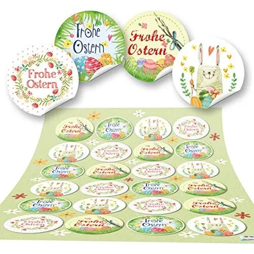 Produktbild: Aufkleber Set Ostern: 24 Runde Ostersticker, Hochwertiger Druck, Bunt mit Osterhasen & Frohe Ostern Schriftzug, Osteraufkleber für Geschenke, Tüten & Karten, Selbstklebend, Made in Germany, ⌀ 4 cm