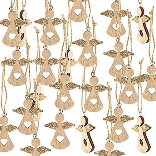 Produktbild: Logbuch-Verlag 24 kleine Engel Weihnachtsanhänger aus Holz Natur Gold natürliche Weihnachtsdekoration Holzengel Baumschmuck 5 cm